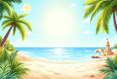 The primary subject of the image is a beach scene with a person lying on a beach chair under a sun umbrella. The setting is a sandy beach with a clear blue ocean in the background. The visual style is a colorful, cartoon-like illustration, giving the image a fun and vibrant atmosphere. The colors are predominantly blue and yellow, with the sun umbrella adding a pop of orange.